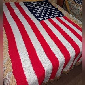 American Flag Crochet Blanket In A Size  46"×81". EUC Cottage Core, Prairie